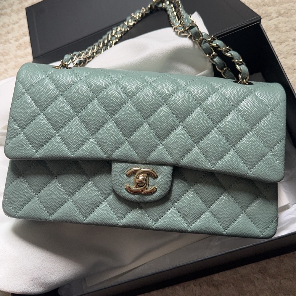 Chanel Green Quilted Shoulder Bag with Silver Hardware